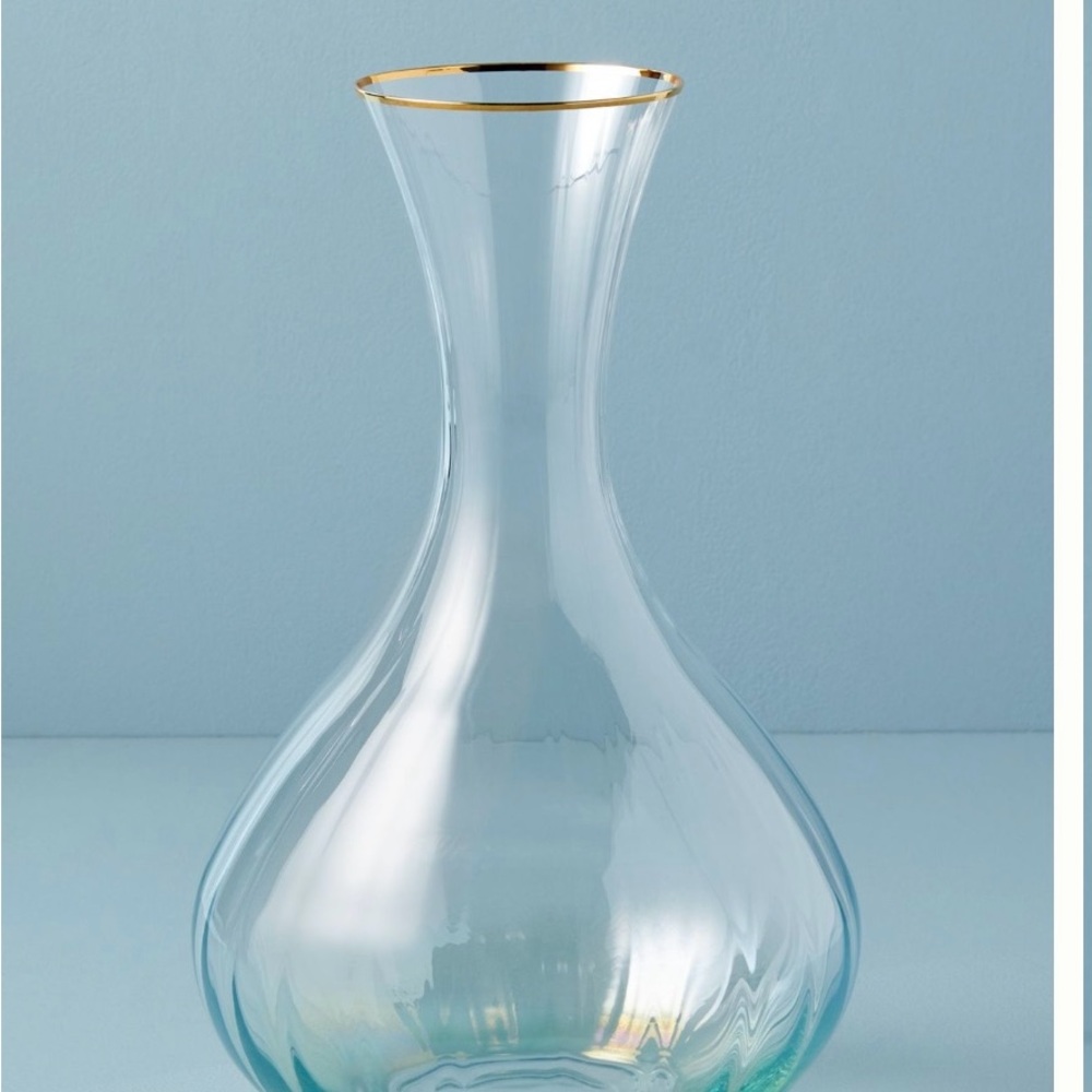 Anthropologie Blue Waterfall Wine Carafe/Decanter + Stand And Cleaning Brush